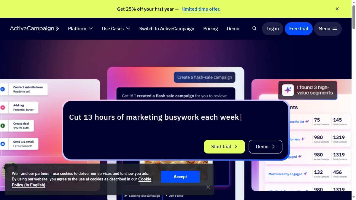 ActiveCampaign email marketing AI tool dashboard — Predictive Sending, AI branching, and deep marketing automation