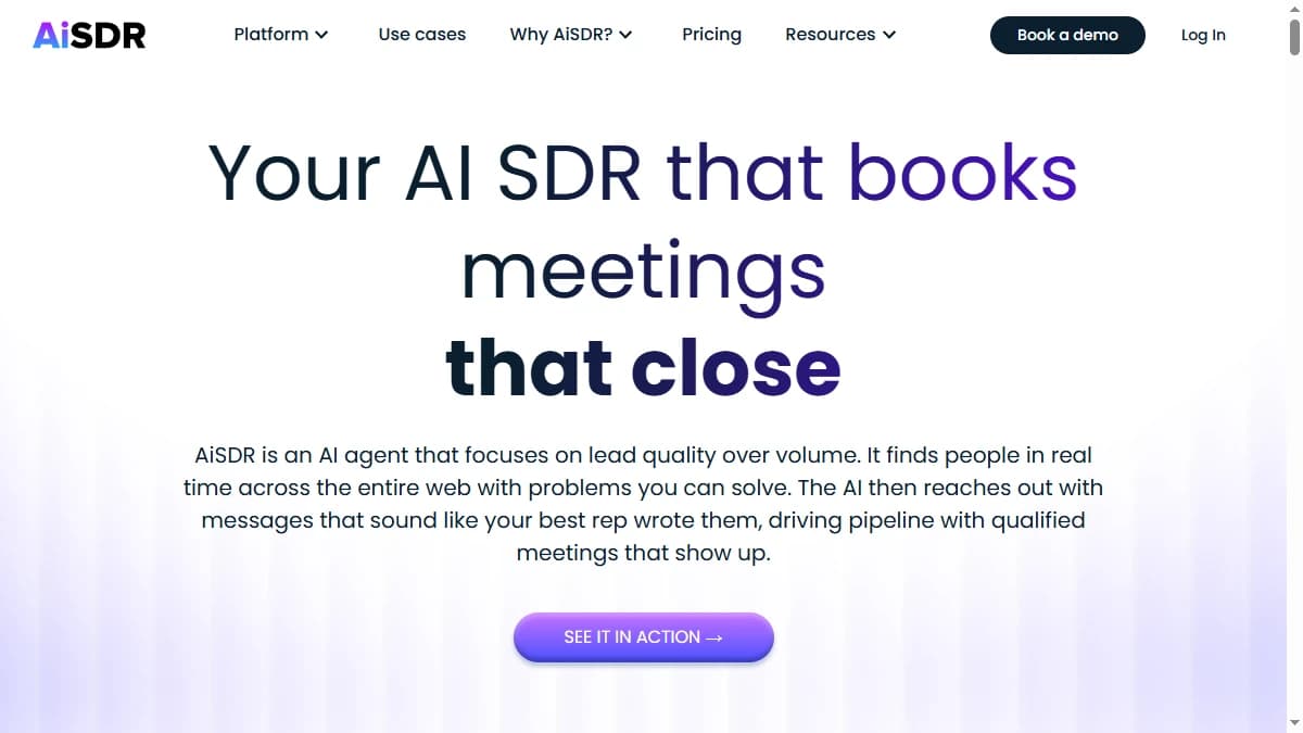 AiSDR homepage showing AI sales development email writing platform
