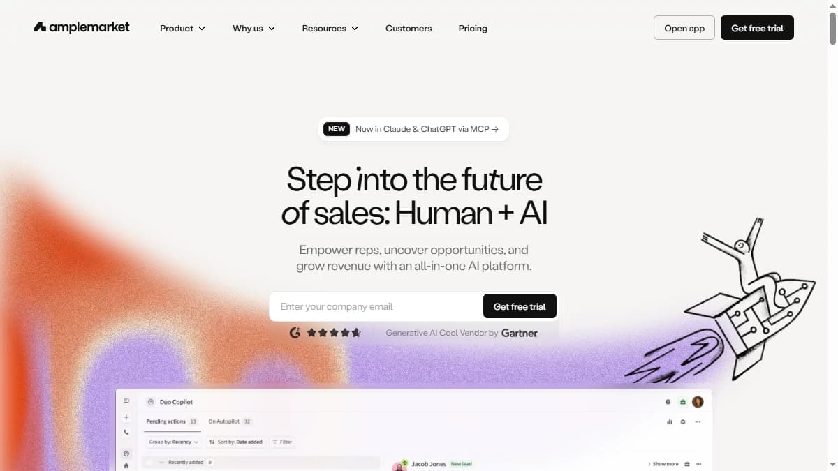 Amplemarket homepage showing AI outbound platform with multichannel sequences