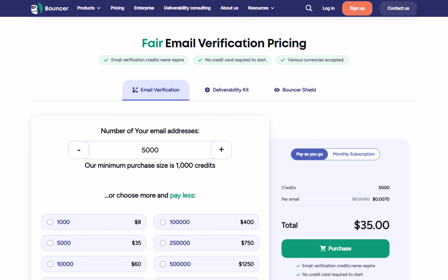 Bouncer pricing page showing pay-as-you-go email verification rates — bouncer review 2026