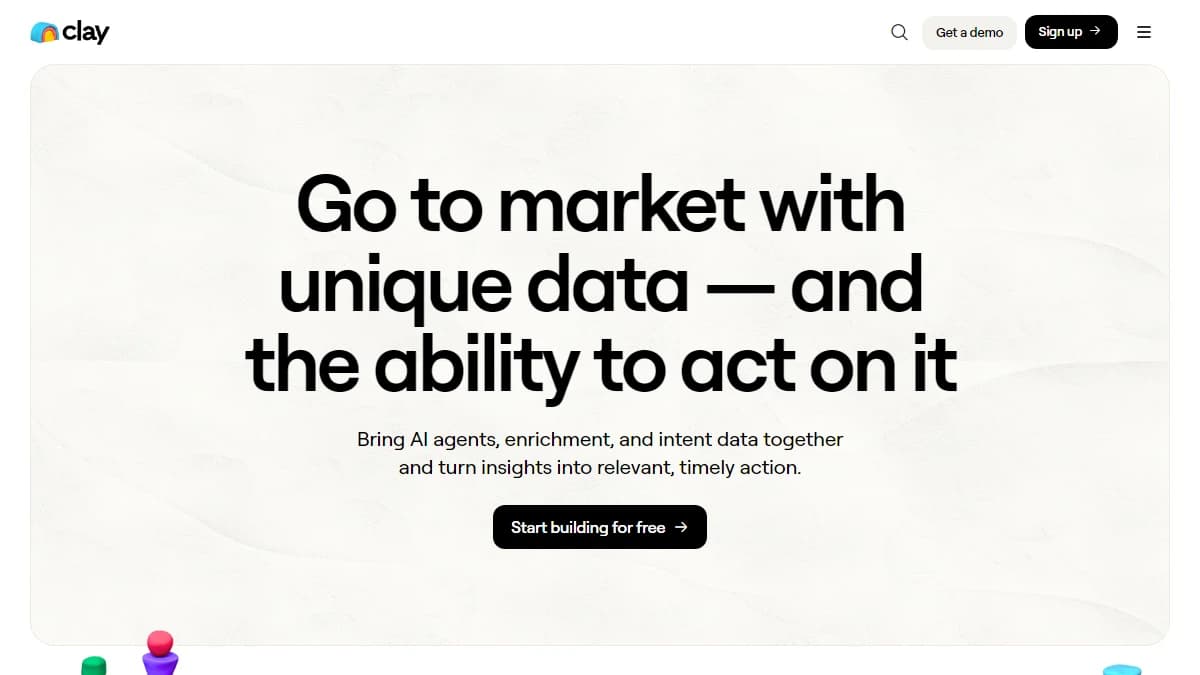 Clay client acquisition platform — Clay spreadsheet UI with 100+ data integrations and Claygent AI research