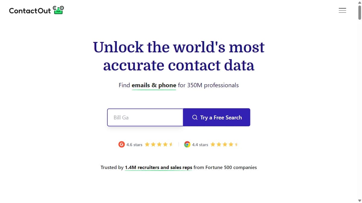 ContactOut homepage showing email and phone number finder for recruiters