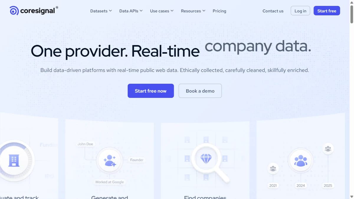 Coresignal homepage showing B2B data API for engineers and data teams