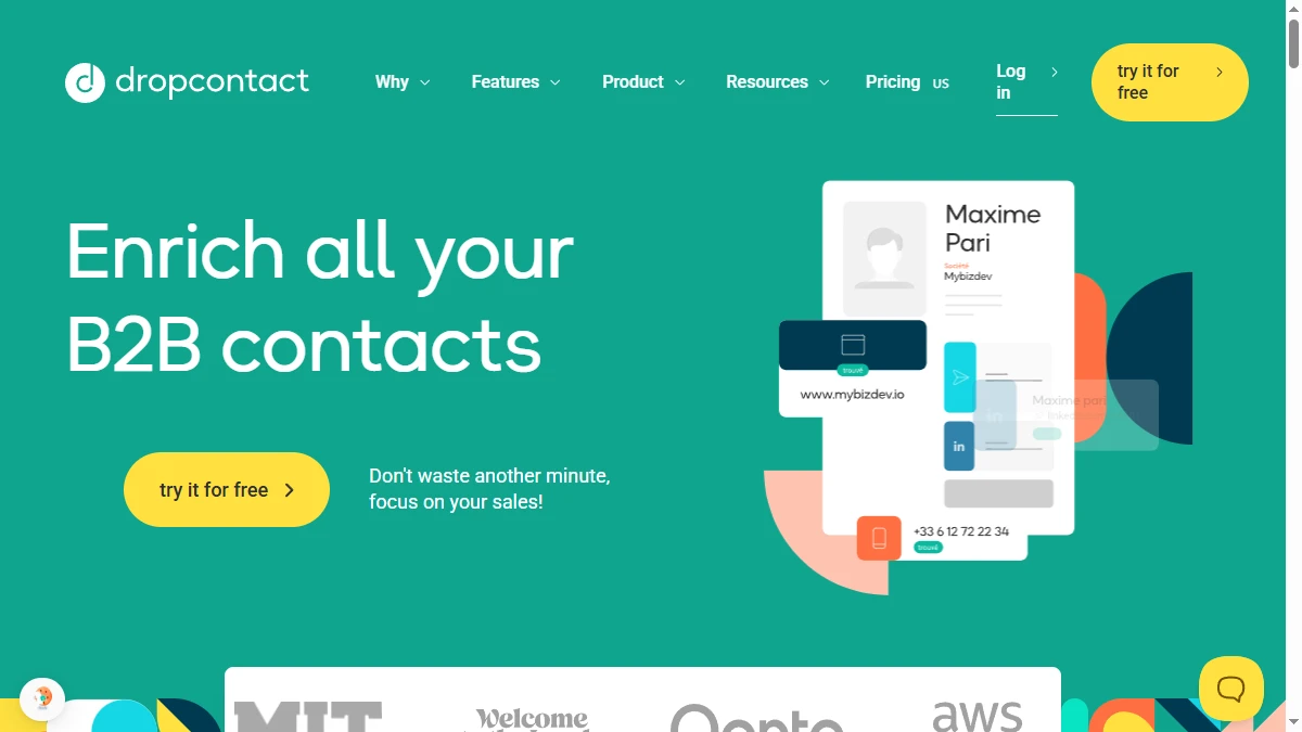 Dropcontact homepage showing GDPR-compliant email enrichment solution