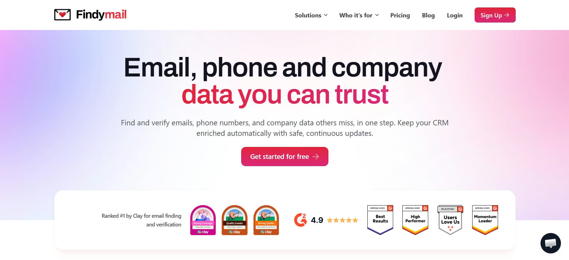 Findymail homepage showing email, phone, and company data you can trust
