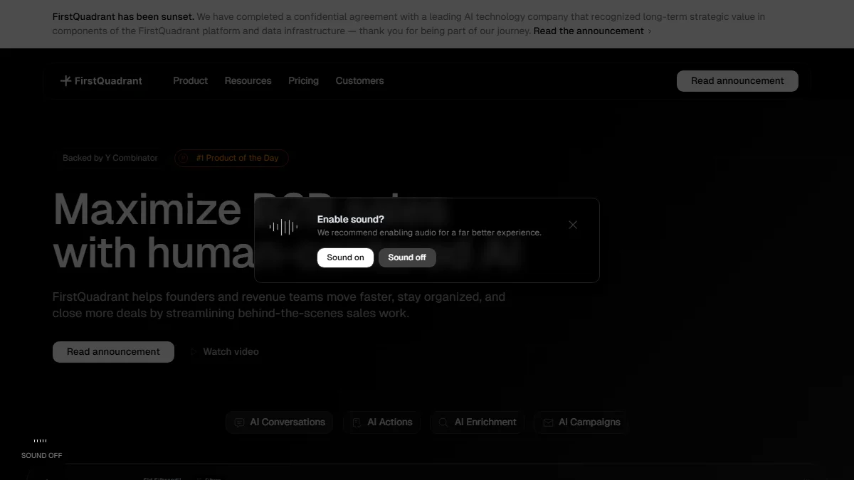 FirstQuadrant homepage screenshot showing autonomous AI sales platform features for outbound and inbound lead generation