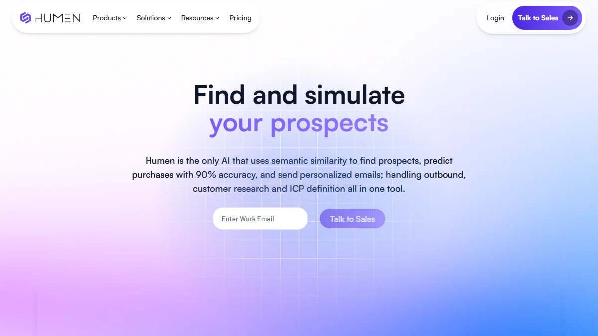 Humen AI SDR homepage showing semantic similarity prospecting and purchase prediction for personalized outbound