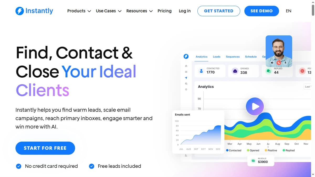 Instantly homepage showing unlimited email accounts and warmup infrastructure