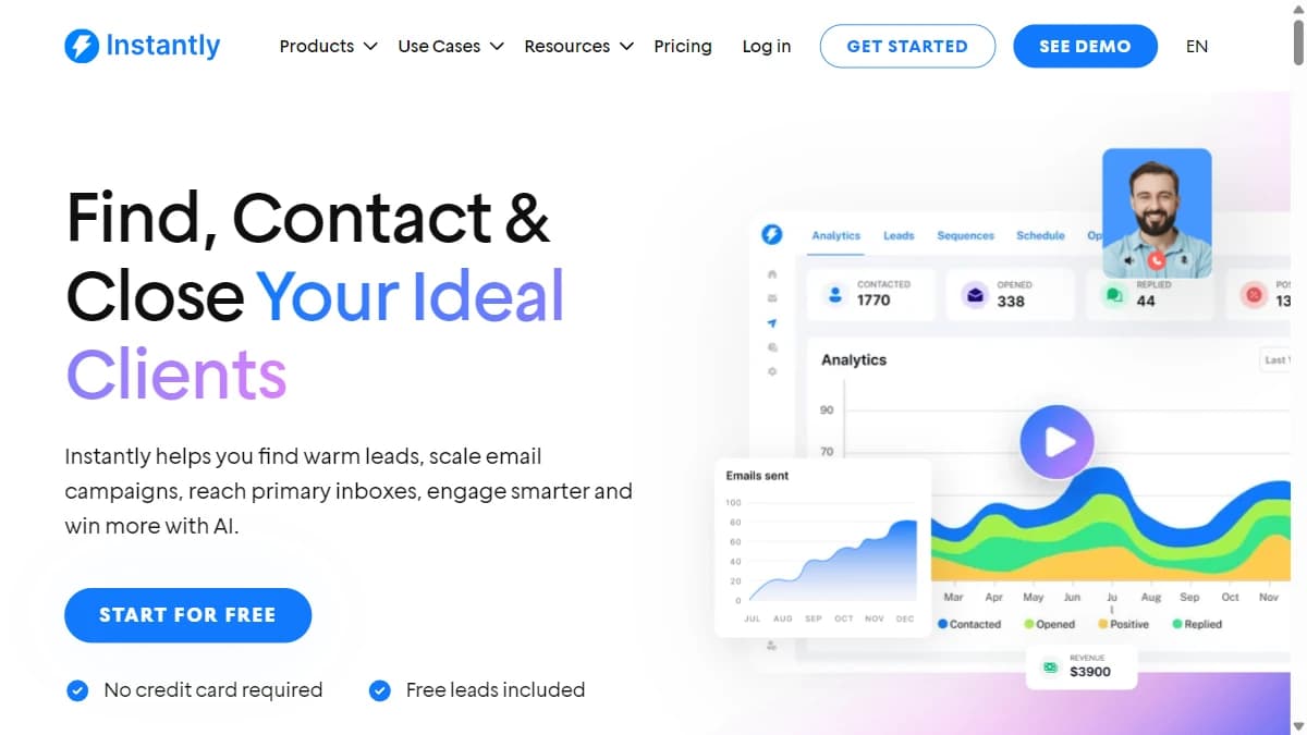 Instantly email marketing AI tool dashboard — unlimited mailboxes, AI copywriting, and unlimited email warm-up network