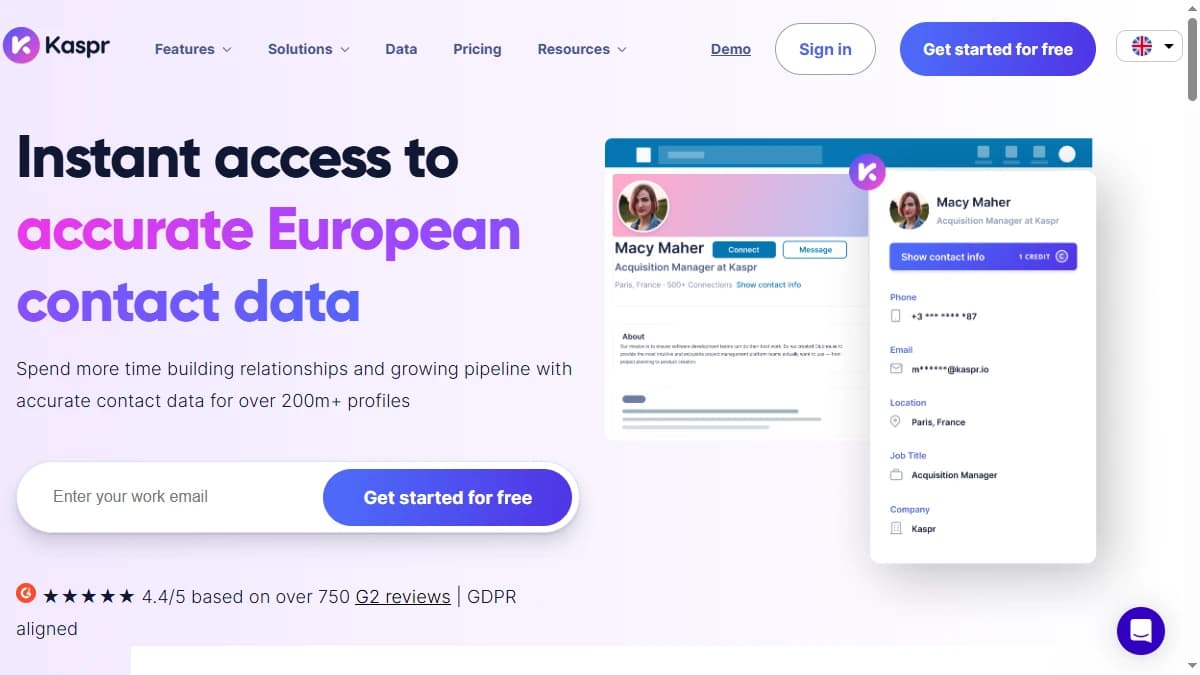 Kaspr homepage showing LinkedIn phone number finder and B2B contact tool