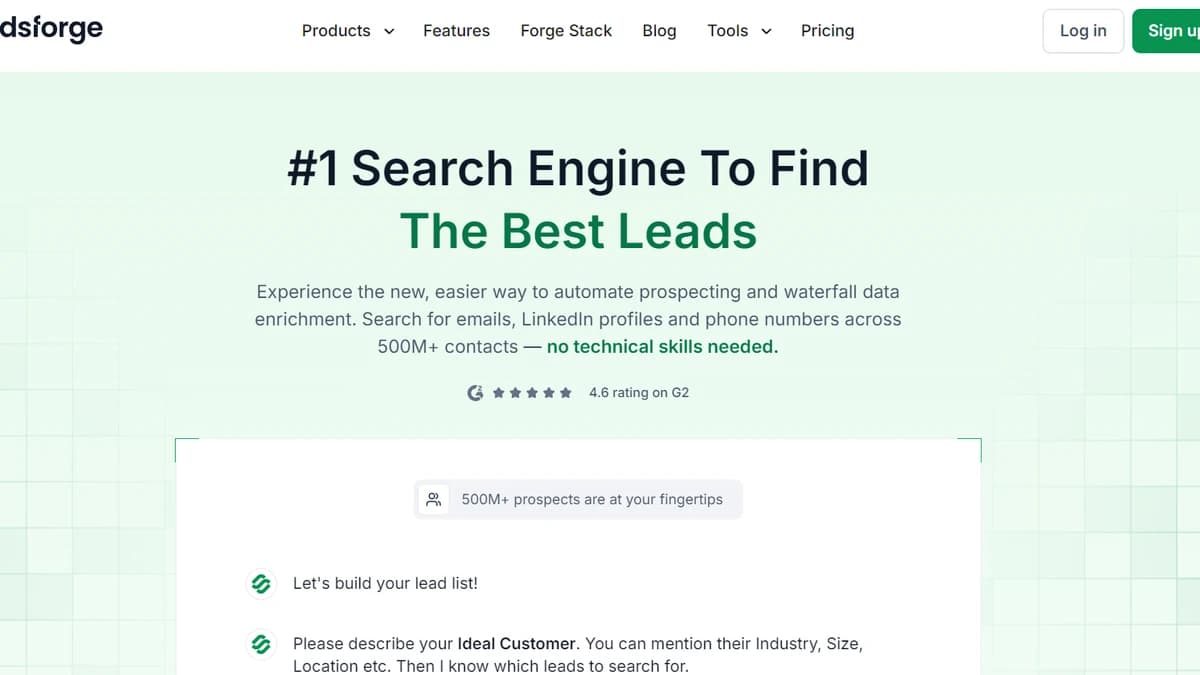 LeadsForge homepage hero section with #1 Search Engine To Find The Best Leads — Leadsforge alternative to Bitscale
