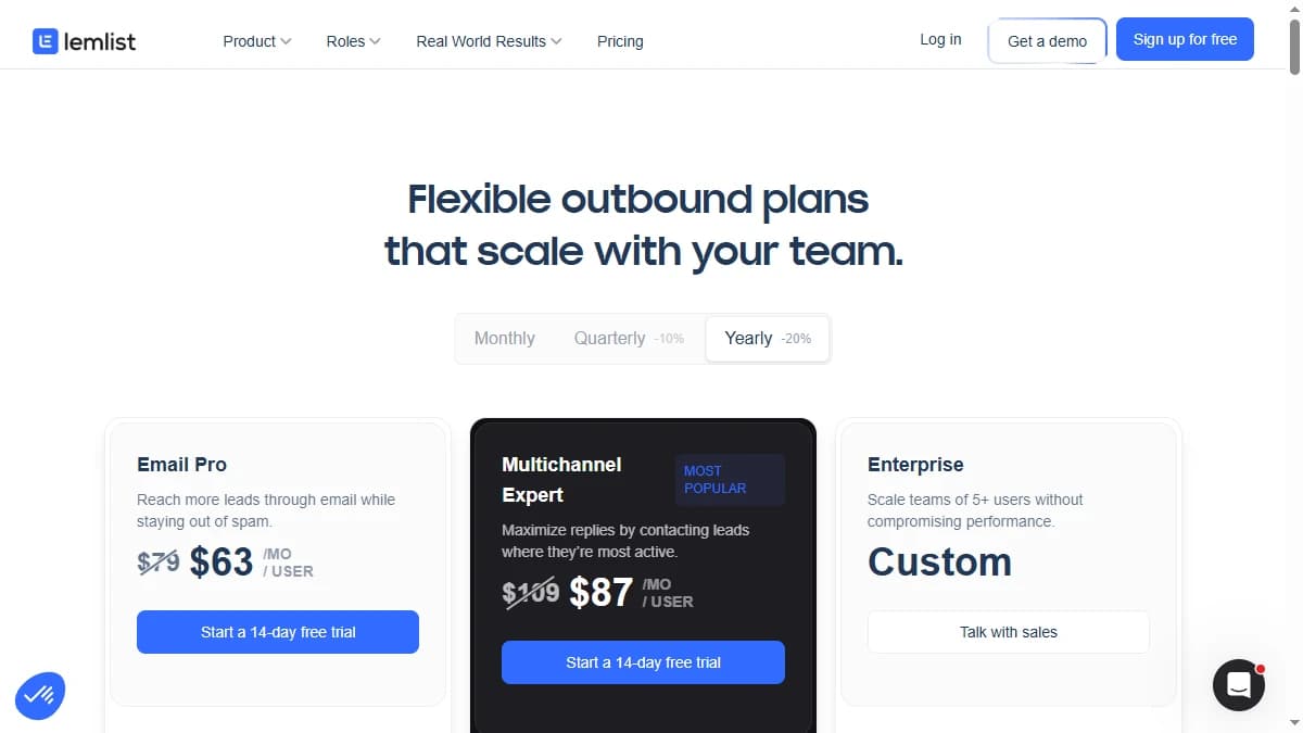 Lemlist pricing page showing Email Starter, Email Pro, Multichannel Expert, and Outreach Scale plans