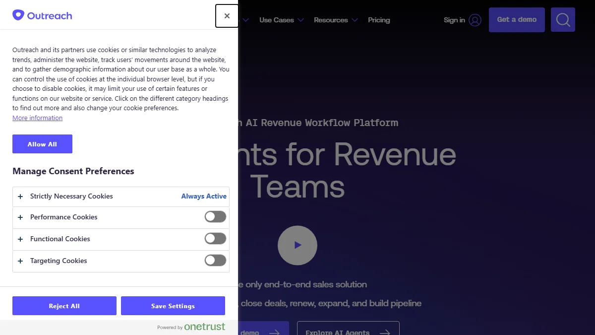 Outreach.io homepage in 2026 showing enterprise sales execution platform with multichannel sequences, deal management, and AI forecasting features