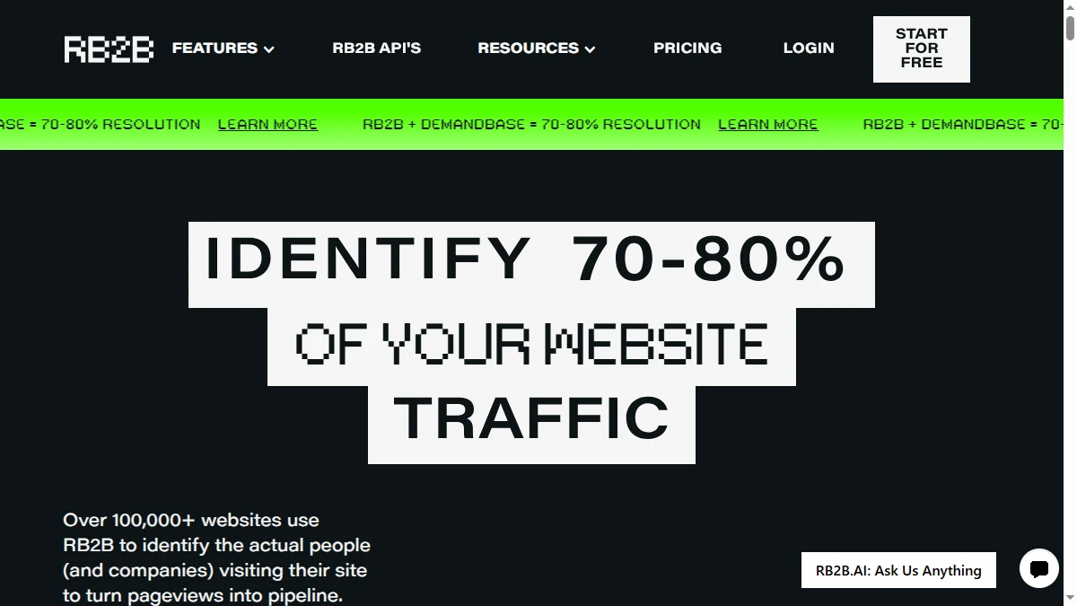 RB2B homepage -- person-level B2B website visitor identification for US traffic with Slack alerts