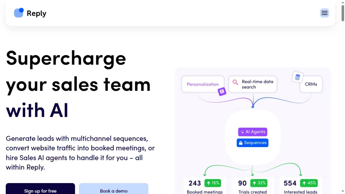 Reply.io homepage showing multichannel outreach platform with email, LinkedIn, and calls