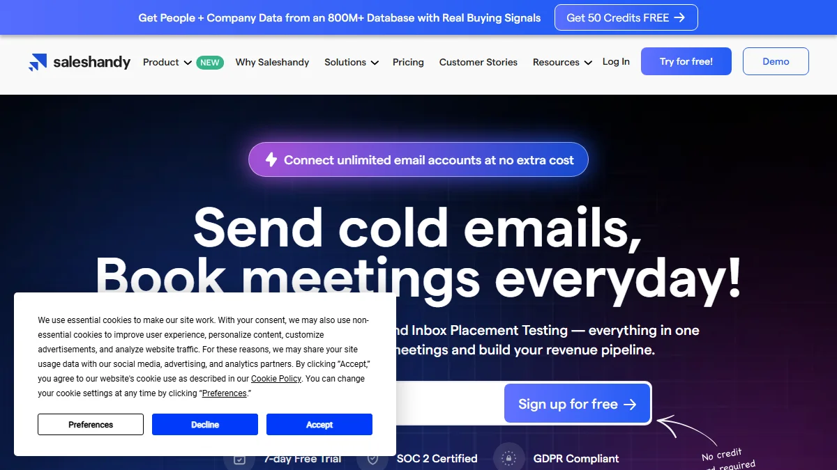 SalesHandy homepage showing cold email automation platform with unlimited email accounts, sender rotation, and agency whitelabel features for high-volume outbound