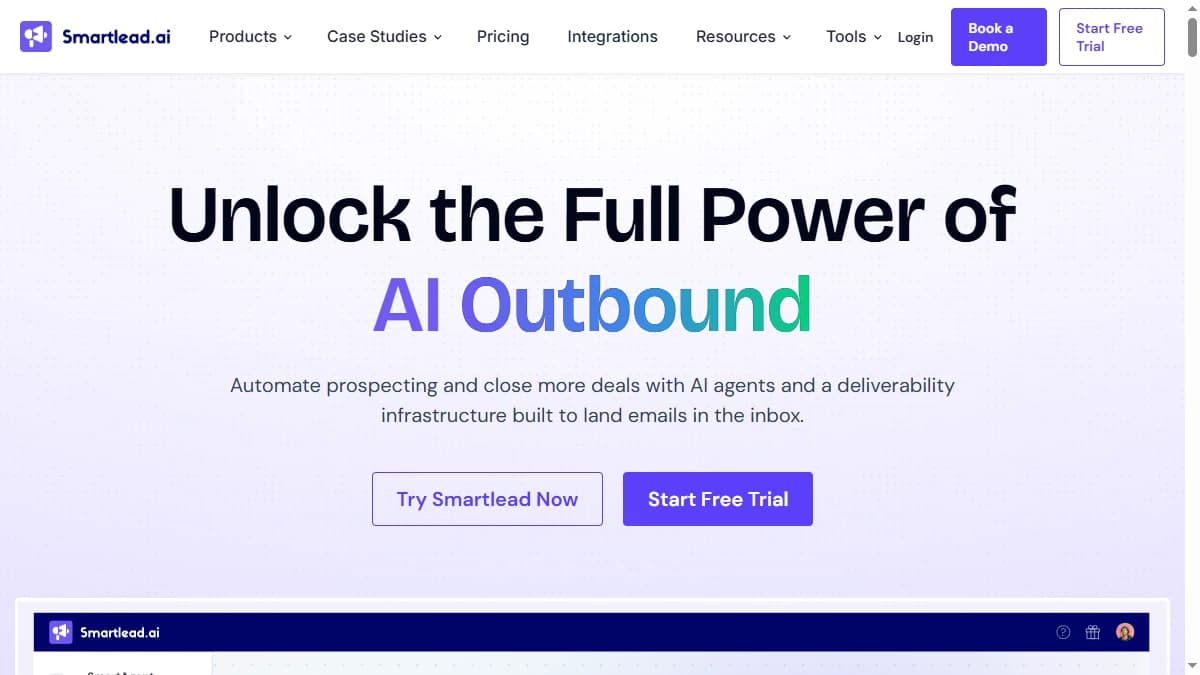 Smartlead homepage showing agency cold email infrastructure with unlimited mailboxes
