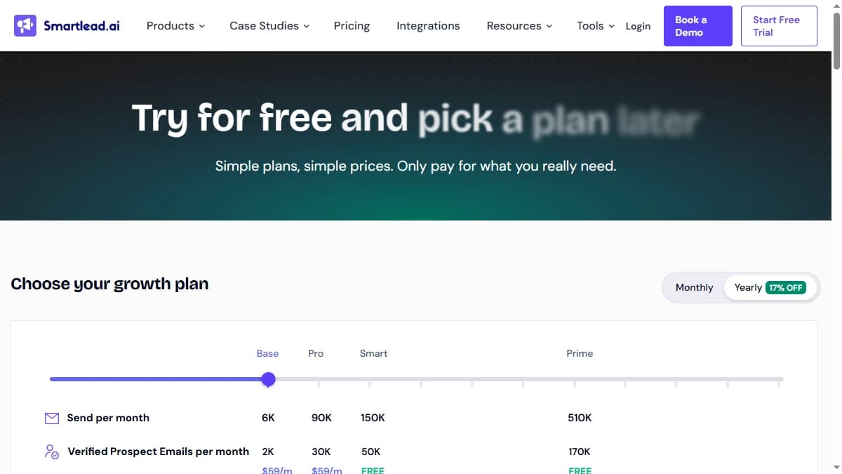 Smartlead pricing page showing Basic, Pro, and Custom plans with unlimited mailboxes