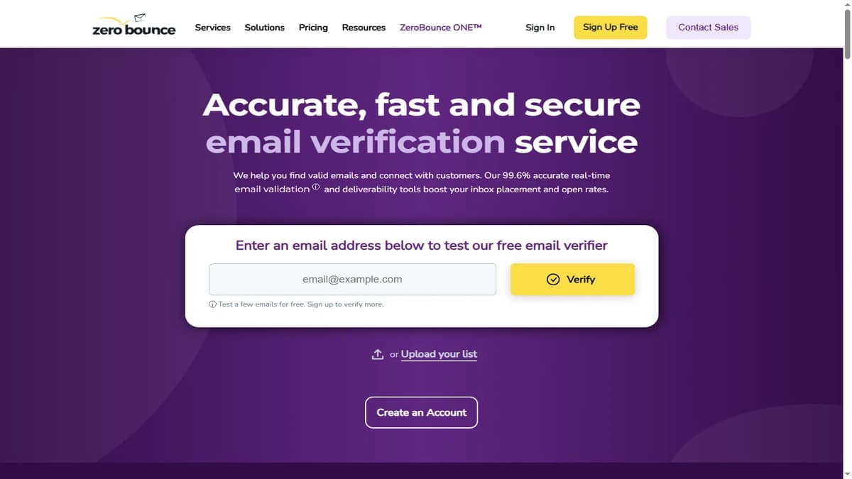 ZeroBounce email validation platform dashboard — email verification and list cleaning for B2B teams