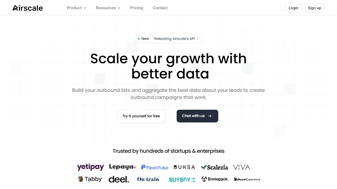 Airscale homepage showing lead sourcing and data enrichment platform interface