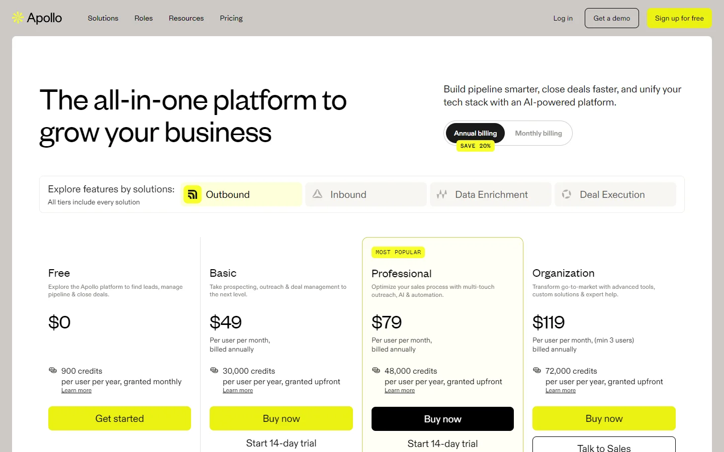 Apollo.io pricing page showing Free, Basic, Professional, and Organization plans in 2026