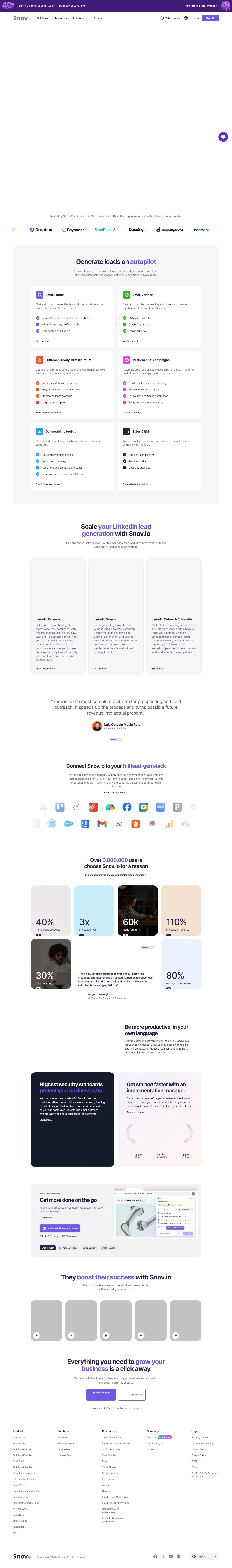Snov.io homepage showing the all-in-one sales toolbox platform in 2026
