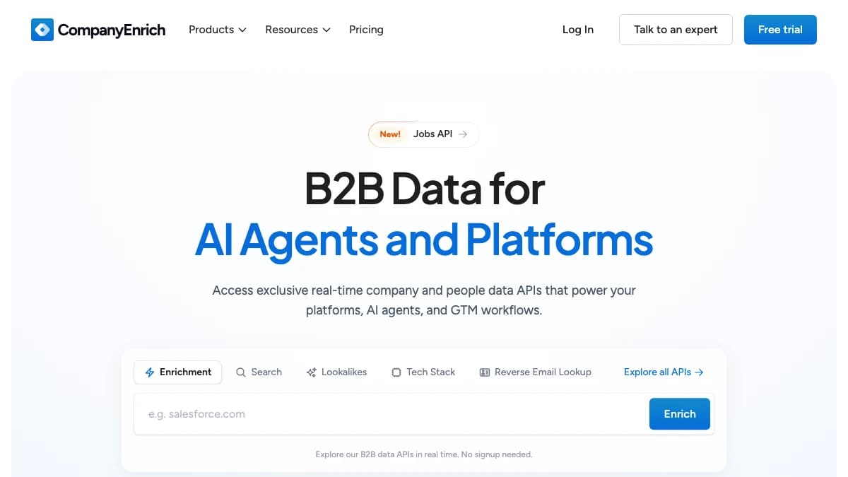 CompanyEnrich homepage — CRM data enrichment API with detailed account profiles for qualification and routing