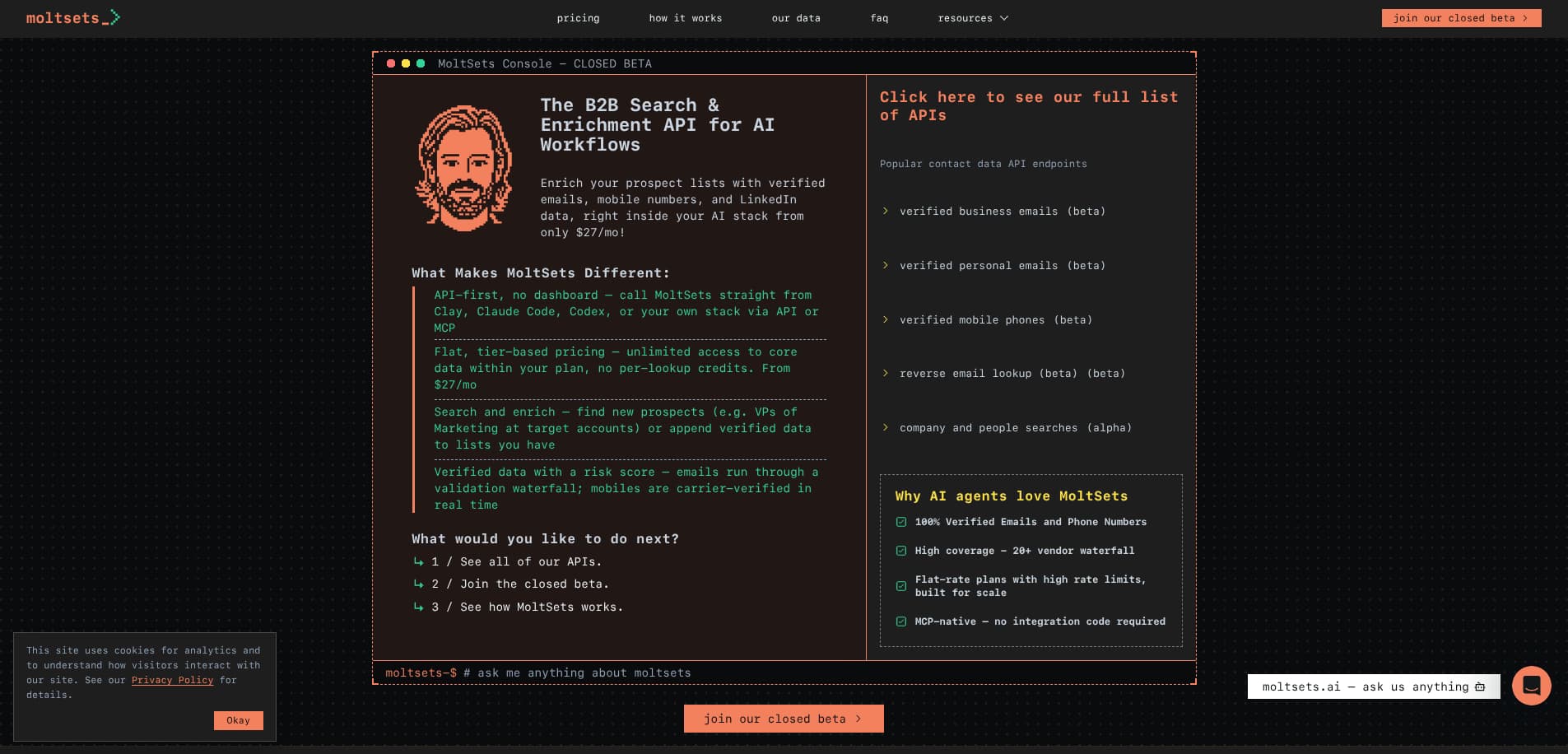 MoltSets homepage — verified B2B emails, mobile numbers, and business profiles via API or Claude